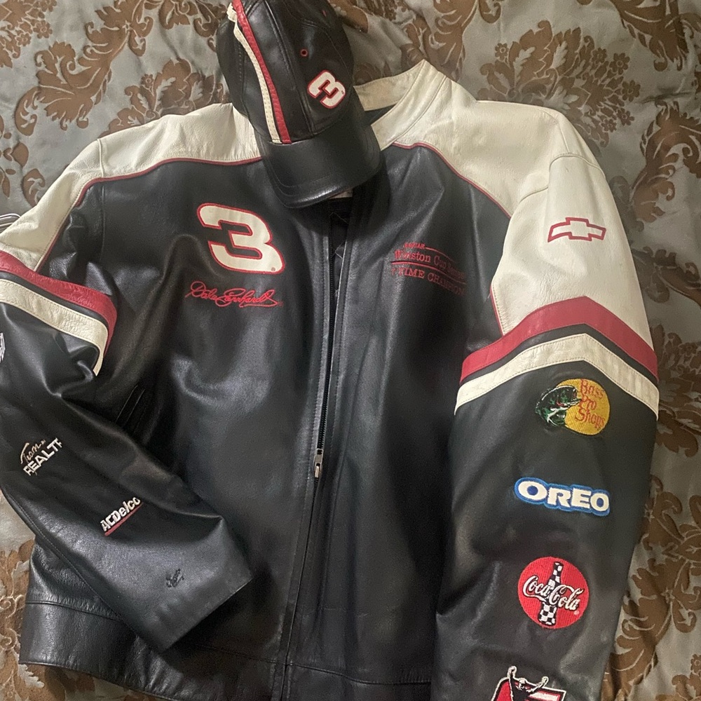 Chevrolet Black and White Leather Bomber Jacket